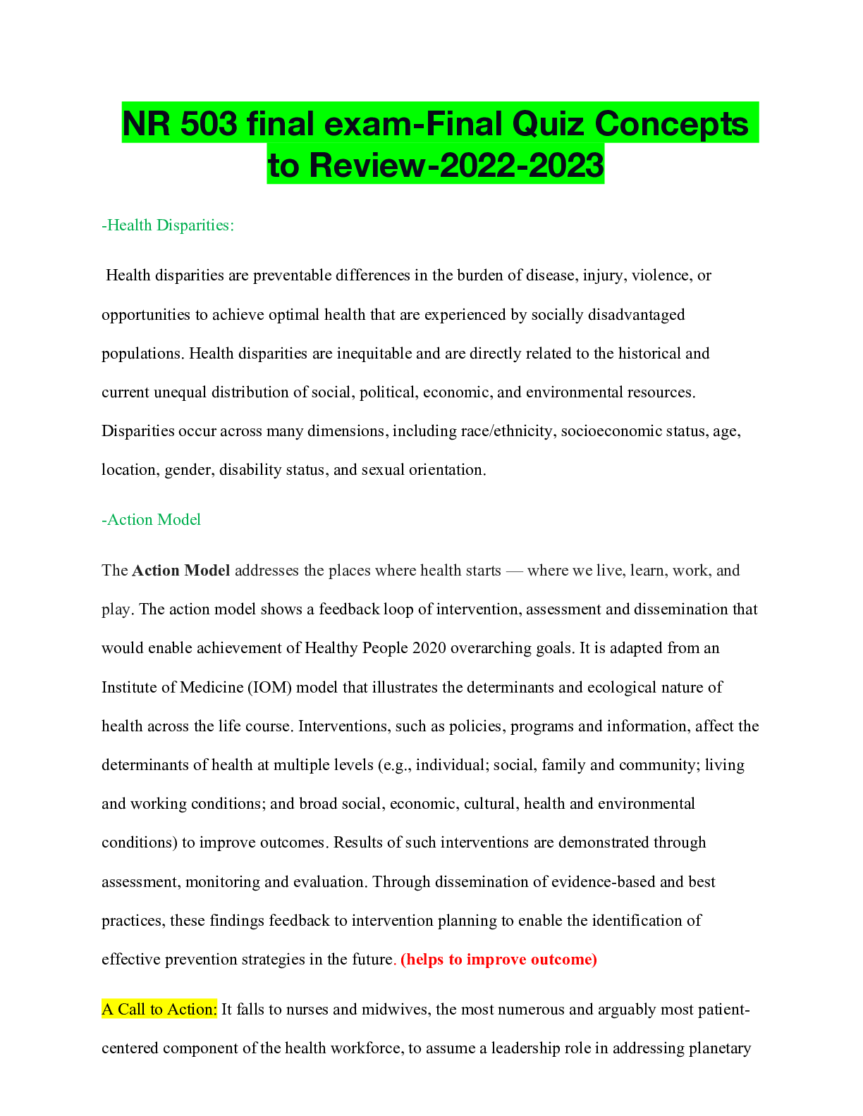 Preview image for NR 503 final exam-Final Quiz Concepts to Review-2022-2023